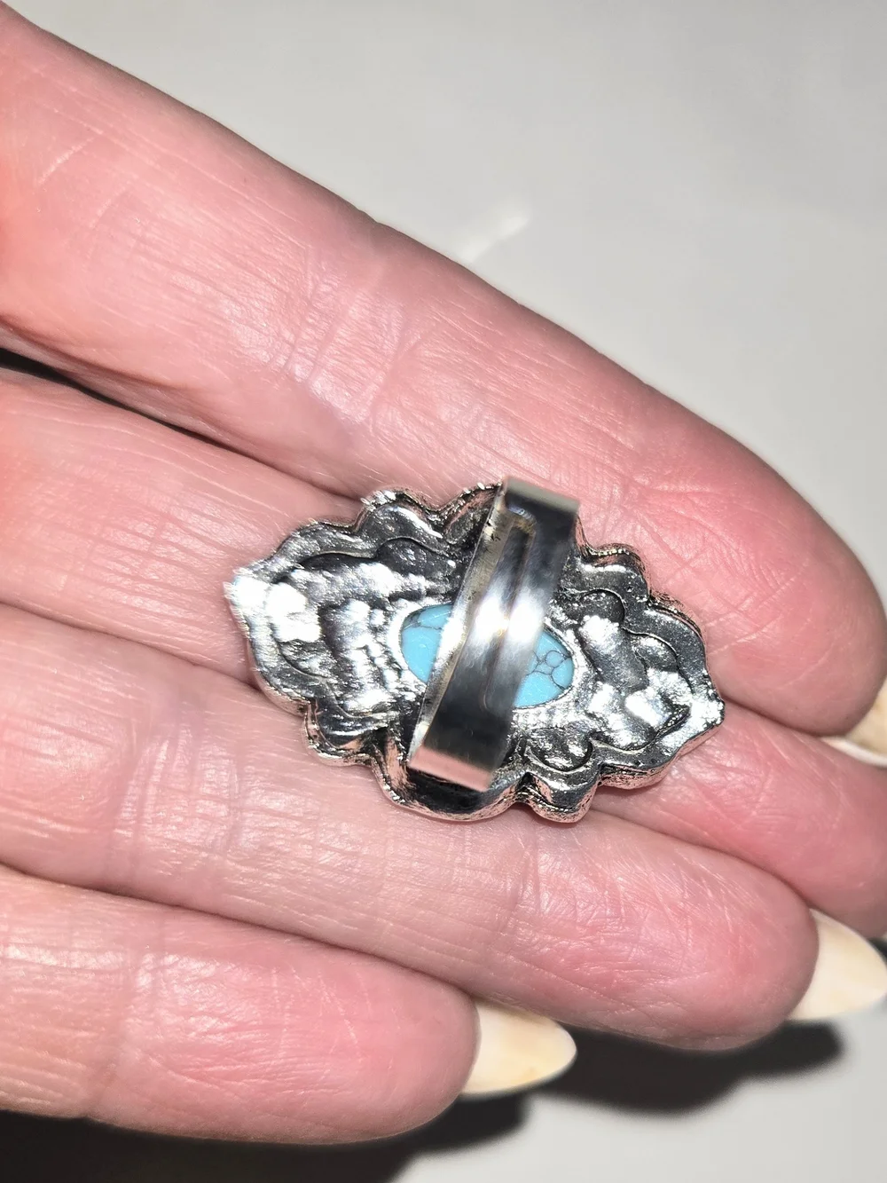Turquoise Stone Silver Filigree Ring - Women Jewelry Size 6